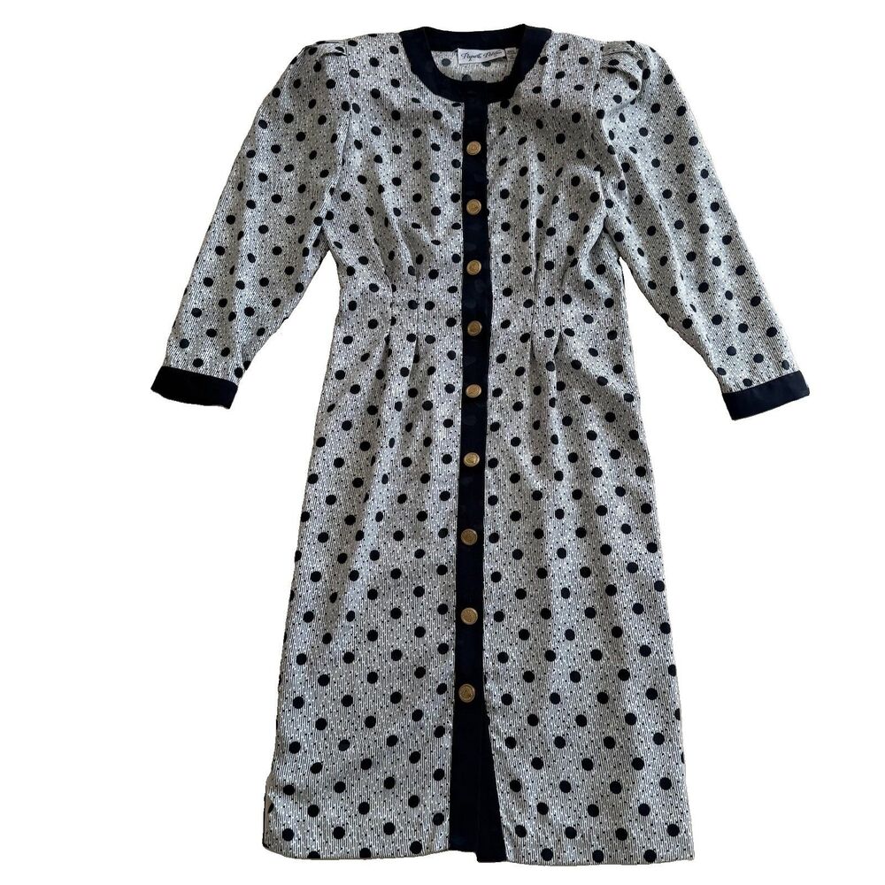 Vintage Papell Petites Polka Dot Midi Dress size 4 Button Up Pleated 80s Retro